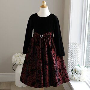 Black Velvet & Burgundy Flocked Taffeta Dress Special Occasion Size 7